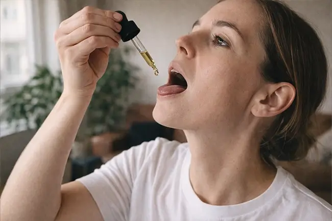 Vrouw druppelt puur cbd olie onder haar tong met een glazen pipet