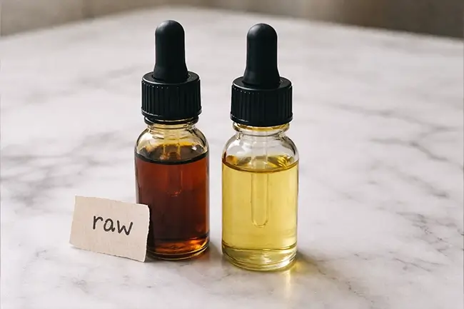 Twee flesjes cbd olie naast elkaar op een lichte achtergrond ter vergelijking van puur en raw