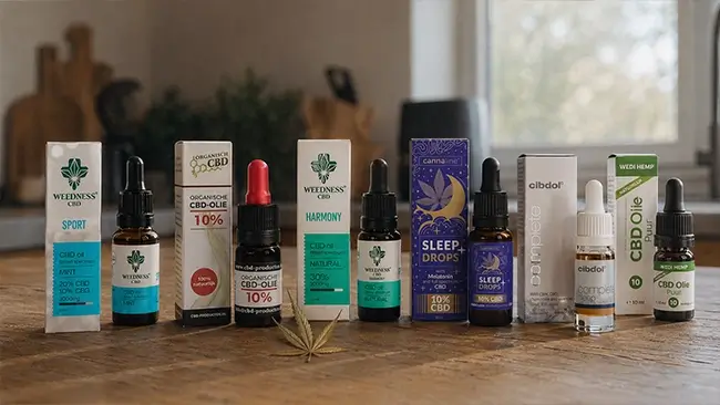 Verschillende soorten CBD olie kopen op houten ondergrond