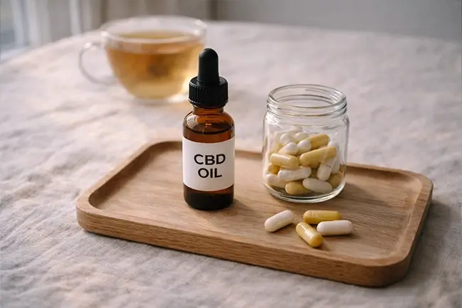 Cannabidiol flesje met supplementen capsules op een houten dienblad