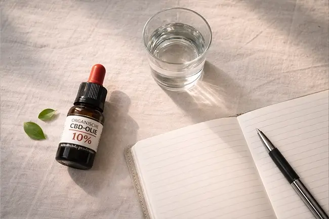 Flesje CBD olie naast een glas water en een notitieboekje op een rustige tafel