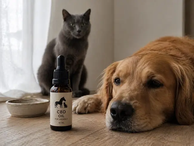 CBD olie voor dieren voor hond, kat en paard op een rustige ondergrond