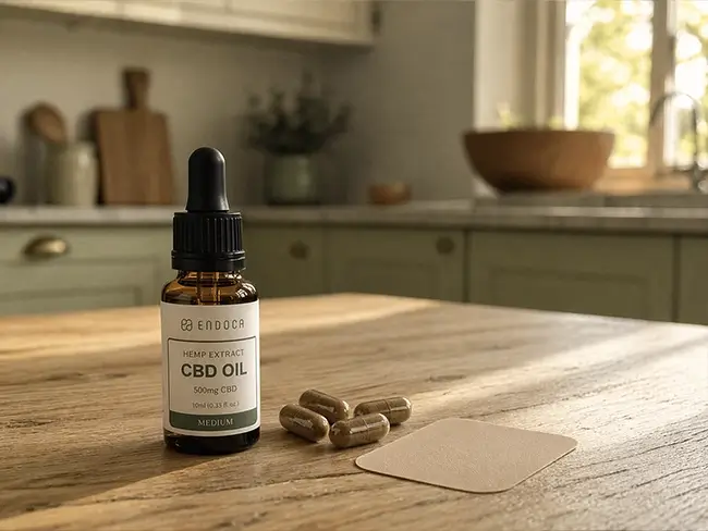 Verschillende CBD-vormen zoals olie, capsules en pleisters op een tafel