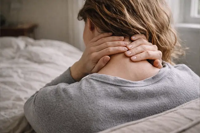 Vrouw die last heeft van symptomen van fibromyalgie zoals nekpijn en vermoeidheid