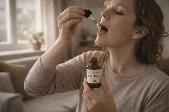 Vrouw neemt cbd druppels onder de tong in de ochtendzon