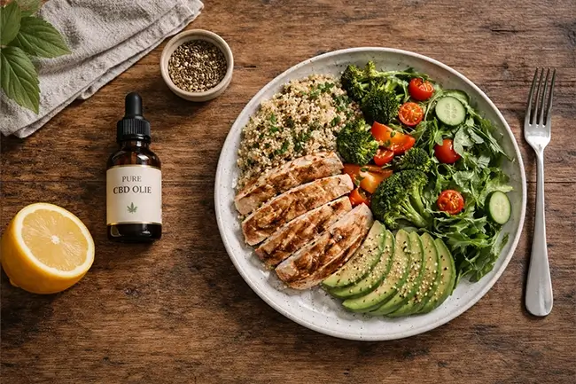 Gezonde maaltijd met groenten en pure cbd olie voor wie wil afvallen