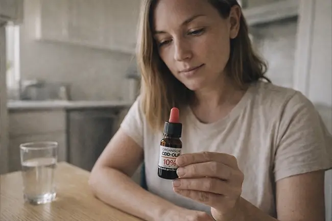 Vrouw die cannabidiol druppels afmeet met een pipet boven een glazen flesje
