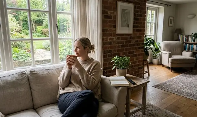 Vrouw die in een rustige omgeving thee drinkt als onderdeel van een holistische benadering van gezondheid