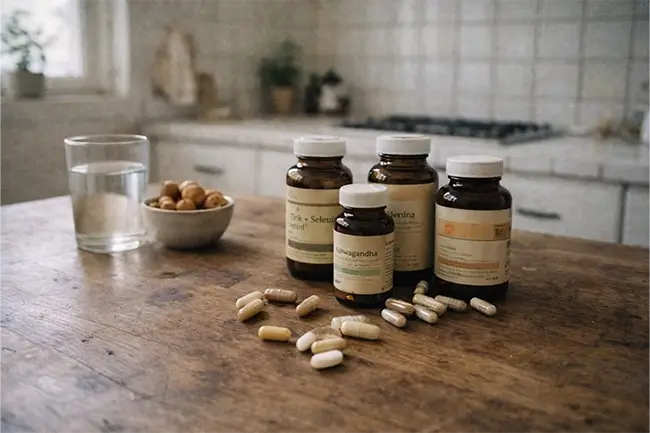 Natuurlijke supplementen op een houten tafel als onderdeel van een holistische leefstijl