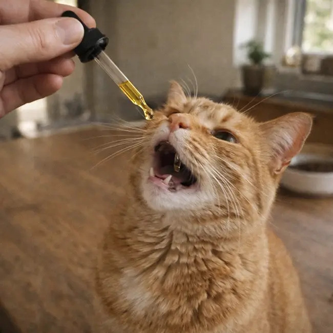 Eigenaar geeft CBD olie druppels aan kat via pipet naast voerbakje