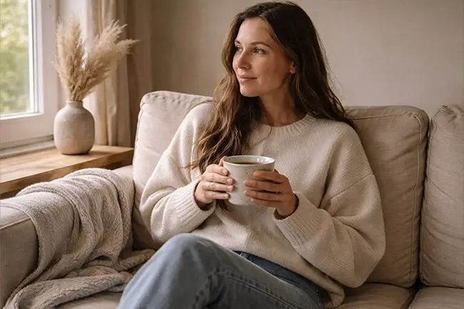 Vrouw op de bank met thee, rustig moment bij laag libido bij vrouwen