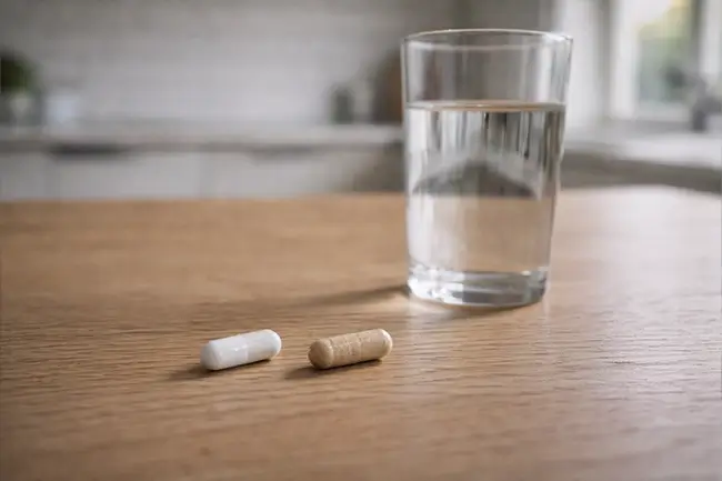 Magnesium bisglycinaat of citraat capsules naast een glas water op een houten tafel