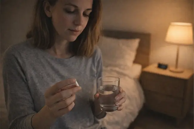 Vrouw neemt magnesium bisglycinaat capsule in als onderdeel van haar avondroutine