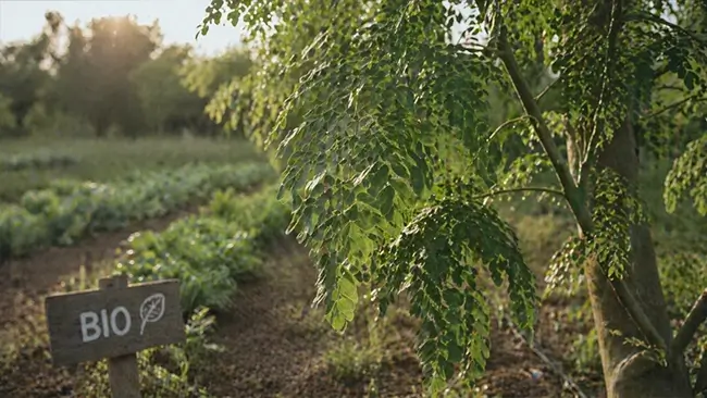 moringa oleifera bladeren uit biologische teelt vóór verwerking tot poeder