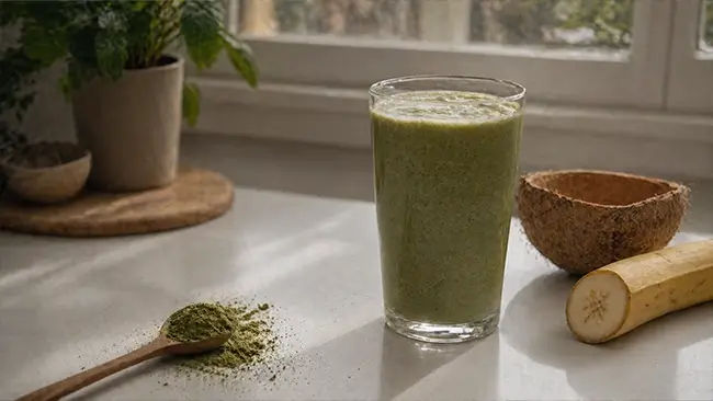 moringa in smoothie met banaan en kokoswater