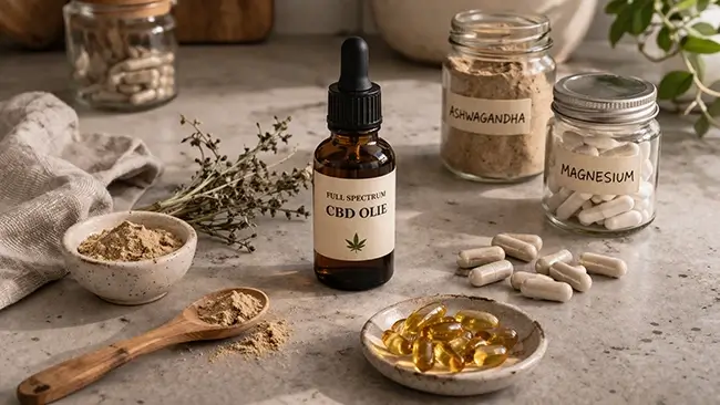 Natuurlijke supplementen zoals magnesium en ashwagandha naast een flesje cbd olie