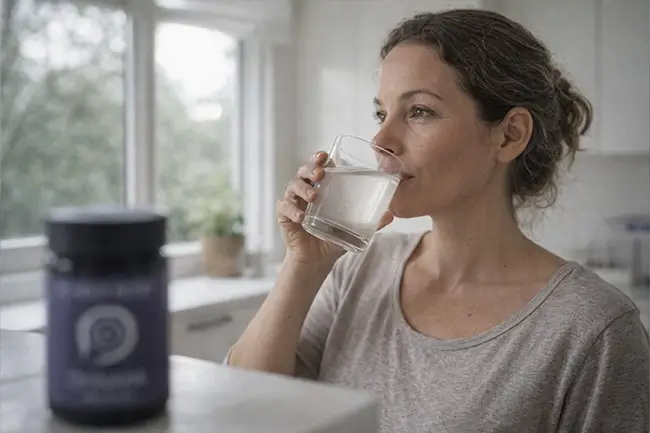 Vrouw die een schepje Okinawa mineralen poeder toevoegt aan een glas water