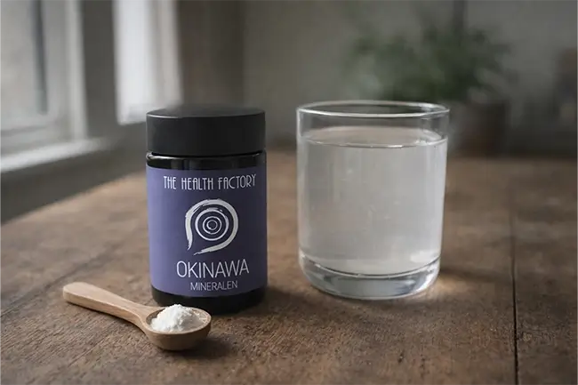 Okinawa mineralen poeder uit zeekoraal naast een glas water op een houten tafel