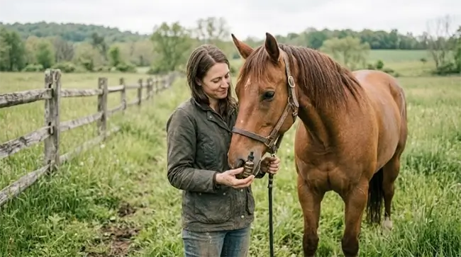 Paardeigenaar verzorgt paard in de stal met natuurlijke supplementen