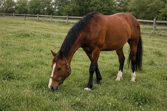 Ontspannen paard in de wei na gebruik van CBD olie