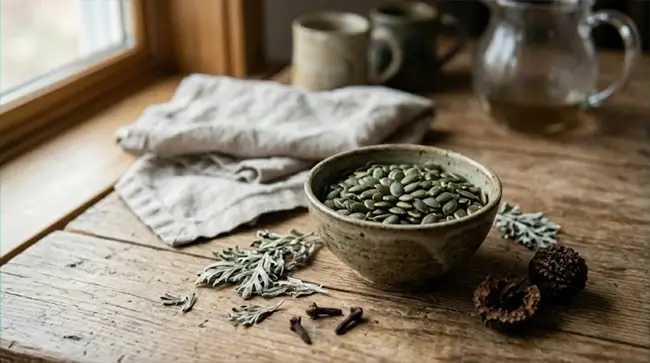 Schaaltje pompoenpitten en kruiden voor een parasiet detox
