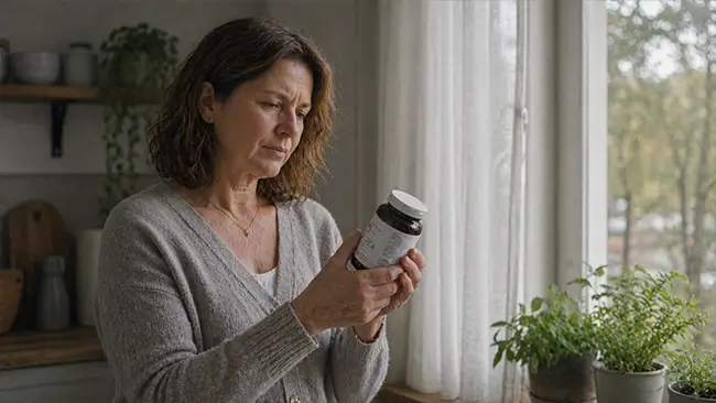 Vrouw leest supplement verpakking terwijl ze haar PEA ervaringen bij zenuwpijn bijhoudt