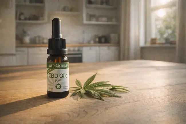Flesje puur cbd olie met pipet op een houten tafel in zacht ochtendlicht