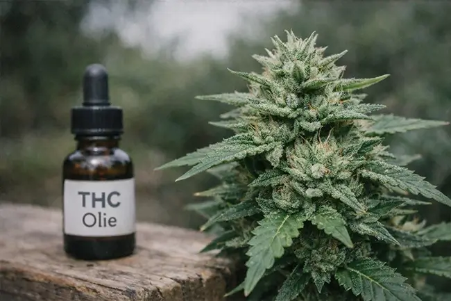 Close-up van een cannabisplant met harsklieren naast een flesje druppels