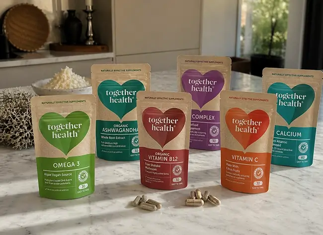 Together Health capsules uit plantaardige bronnen op een keukentafel