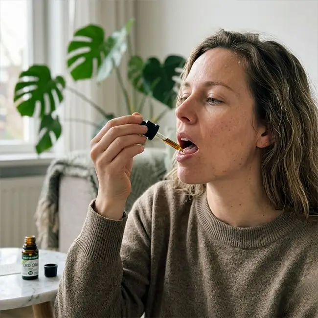 Vrouw druppelt CBD olie Medihemp onder haar tong