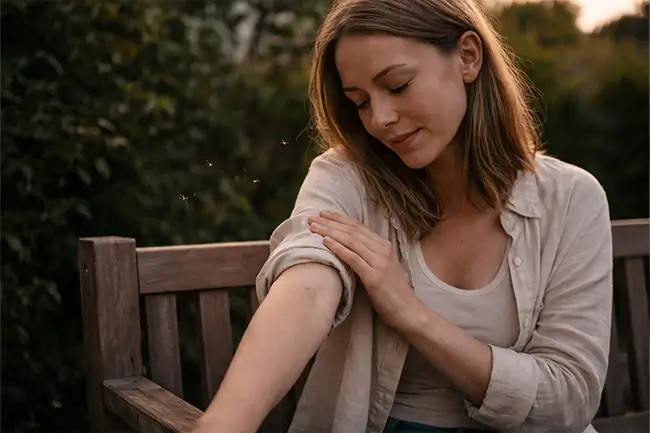 Vrouw buiten in de tuin, waar komen muggen op af