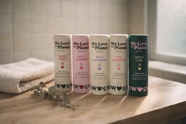 We Love The Planet natuurlijke deodorant op houten badkamertafel