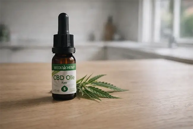 Wedihemp CBD olie flesje met pipet op houten tafel met hennepplant