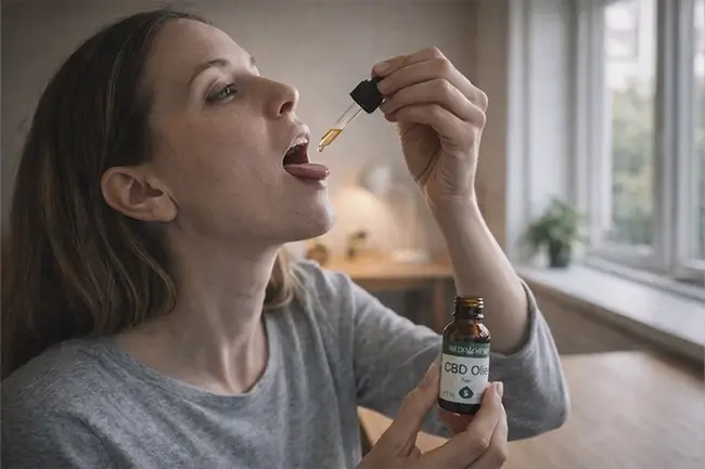 Vrouw druppelt CBD olie onder haar tong bij een raam met ochtendlicht