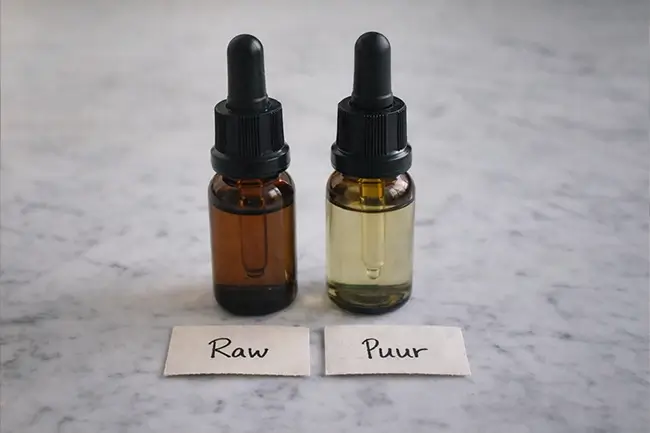 Twee flesjes CBD olie naast elkaar op een lichte achtergrond die het verschil tussen Raw en Puur tonen