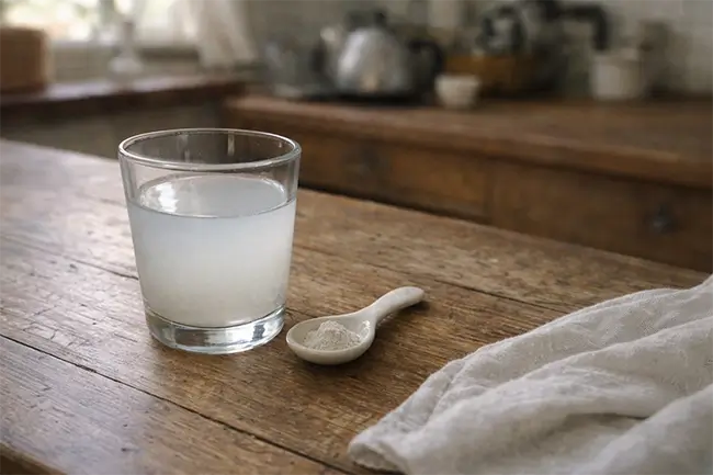 Zeoliet poeder opgelost in een glas water op een houten tafel