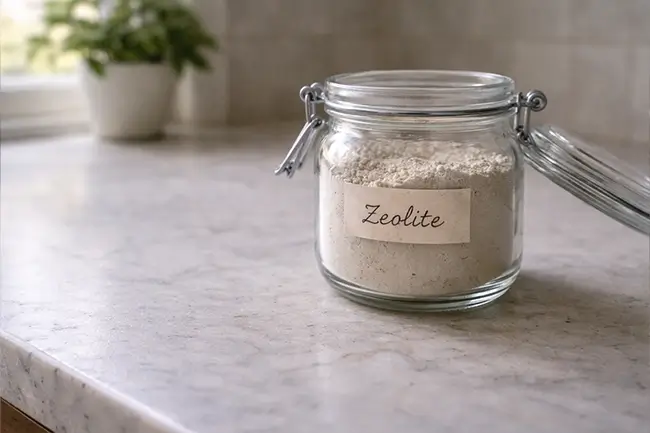 Glazen pot met zeoliet poeder op een lichte keukenwerkblad