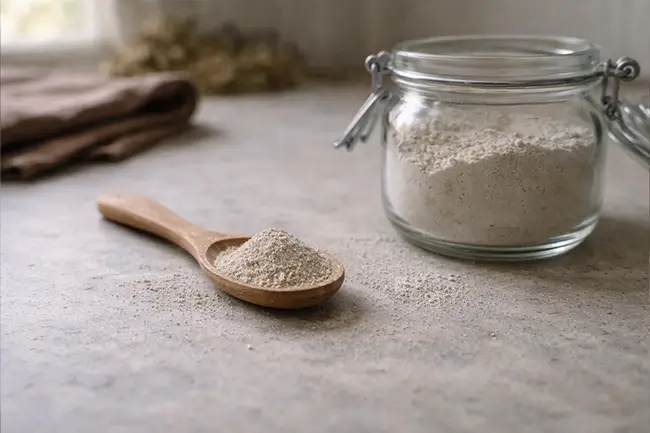 Fijn zeoliet poeder op een houten lepel naast een open glazen pot