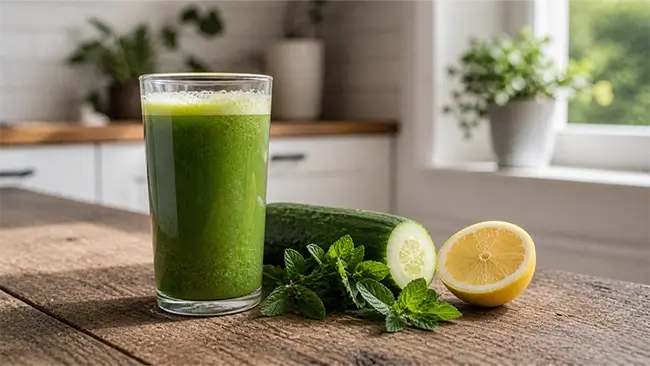 Glas met groene detoxsap voor een 3 dagen detox kuur op een houten keukentafel