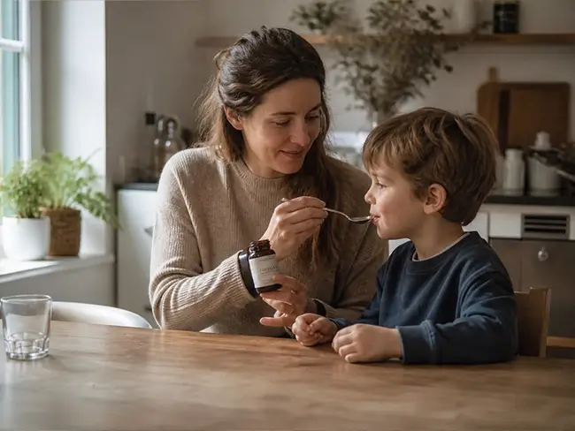 Moeder geeft een natuurlijk supplement aan haar kind met ADHD in de keuken
