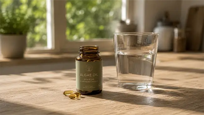Algenolie capsules pot op houten tafel naast glas water
