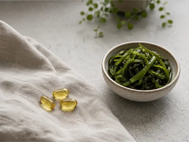 Vegan algenolie capsules naast verse groene algen schaaltje