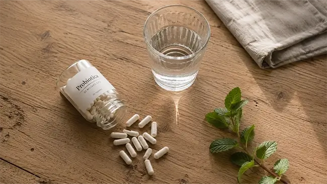 Capsules van de beste probiotica voor prikkelbare darm op tafel