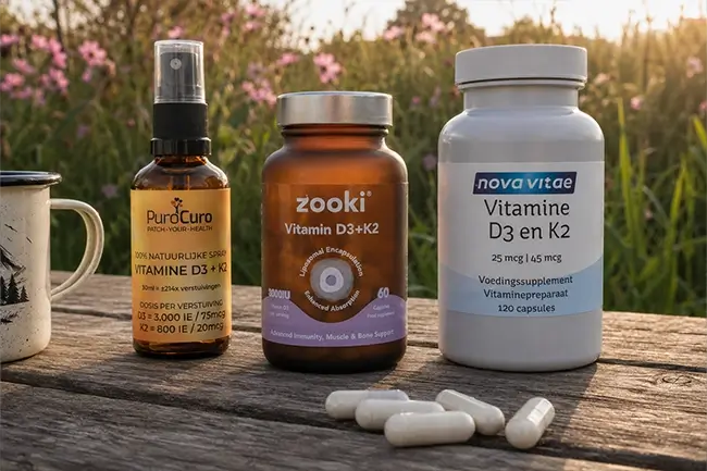 Beste vitamine D3 + K2 spray, druppels en capsules naast elkaar