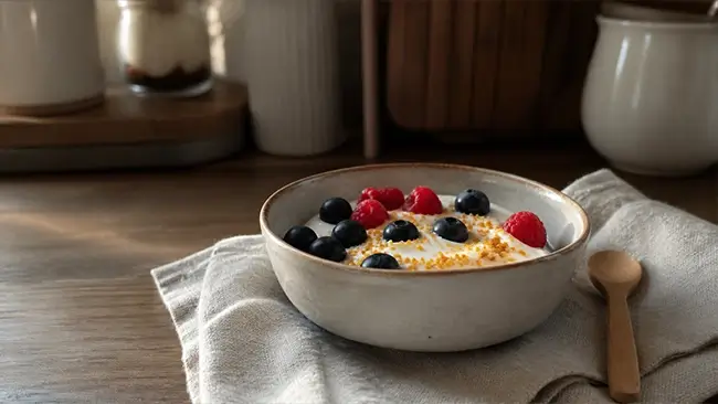 Yoghurt met bijenpollen en vers fruit als gezond ontbijt