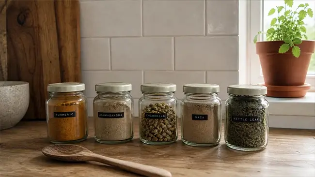 Biologische kruidensupplementen en poeders in glazen potten