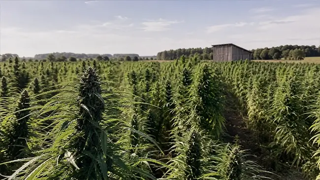 Cannabisplanten in een veld met focus op hennep voor cannabidiol en THC productie