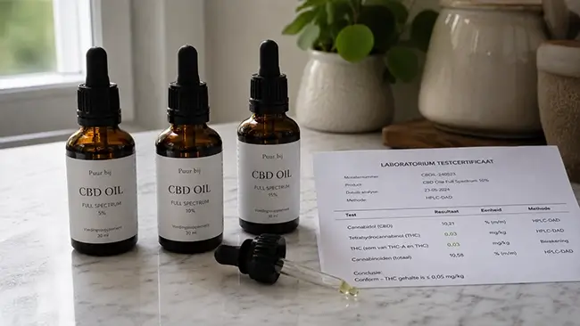 CBD olie flesjes met druppelaar voor producten met cannabidiol en THC info