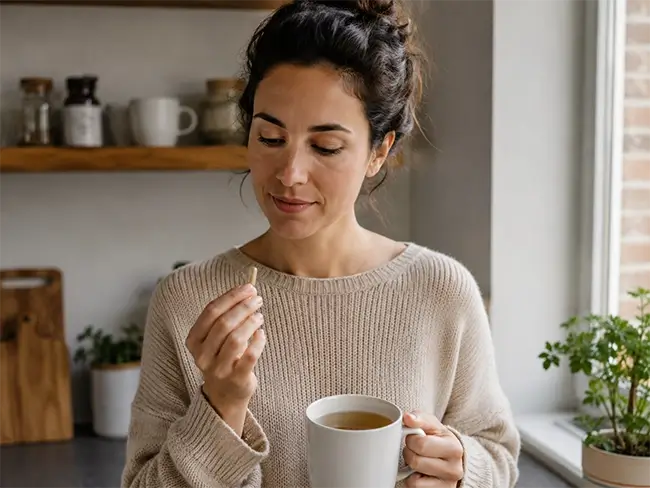 Vrouw neemt cbd capsules met thee als onderdeel van CBD capsules ervaringen in de ochtendroutine
