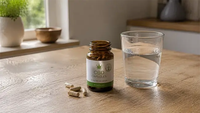 Potje met CBD capsules op tafel met glas water voor uitleg over cbd capsules ervaringen